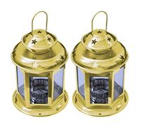 Pair of European Design Antique Glass Hanging Candle Lanterns with Stars Metal Frame Candlestick Holder Night Lamp, Romantic Xmas Wedding Party Decoration Original Package (Gold)