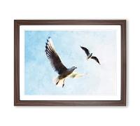 Pair Of Flying Seagulls Painting Modern Art Framed Print | A3 Walnut Framed Wall Art | Ready to Hang | Modern Animal Picture | Living Room Bedroom Lounge Office