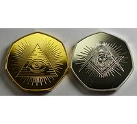 Pair of FREEMASONS, MASONIC Silver & 24ct Gold Commemorative Coins Albums/50p Collectors, Coin Hunt. Square & Compasses, All Seeing Eye, Illuminati