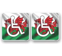 Pair of Funky Disabled Disability Badges With Wales Welsh Dragon CYMRU Flag Vinyl Car Sticker Decal 75x75mm Each
