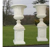 Pair Of Giant Flute White Stone Garden Vases On Plinths