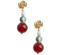 Pair of Green Phantom Crystal Earrings with Red Agate, Rose Studs, Freshwater Pearls, Handmade Dangle Drop Earrings, 1.3 in / 3.4 cm, Chinese Style, for Daily Wear and Occasions
