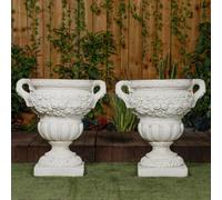 Pair Of Large Fruit Design White Stone Vases