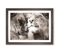 Pair Of Loving Lions Modern Art Framed Print | A3 Walnut Framed Wall Art | Ready to Hang | Modern Animal Picture | Living Room Bedroom Lounge Office