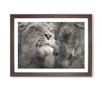Pair Of Loving Lions Painting Modern Art Framed Print | A3 Walnut Framed Wall Art | Ready to Hang | Modern Animal Picture | Living Room Bedroom Lounge Office
