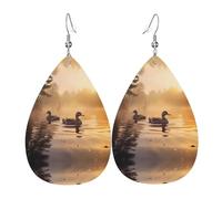 Pair of Mallard Ducks Floating Pattern leather earrings | Water drop-shaped printed earrings, suitable for daily/party/dating scenes