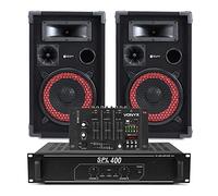 Pair of Max Red 8" Passive DJ Speakers with Skytec SPL-400 Professional PA Amplifier & 6-Channel USB Mixer - 500W Complete DJ & Disco Audio System Package