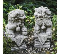 DGS STATUES - Stone Cast, Ancient Foo Dogs on Square Detailed Base, Set of 2, Hand Finished, Statue, Sculpture, 20KG Each