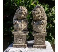 Pair Of Medium Stone Cast Chinese Foo Dogs Garden Statues On Plinths