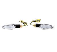 Pair of Mini LED Universal Motorcycle Indicators Black Short Stem, Black Solid Rear, Clear Lens, Shard Shape