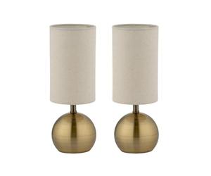 Pair of Modern Brushed Metal Ball Small Touch Control Table Lamps with Natural Linen Shades - Brass