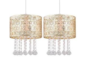 Pair of Modern Gold Ceiling Light Shades Morrocan Cut Out Design Lightshade Acrylic Crystal Jewelled Light Easy Fit Shade - No Wiring Required