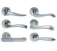 Pair of Modern Lever on Round Rose Door Handles Solid Brass Internal Use Satin Chrome (Flavia)