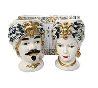 Pair of Moorish Heads Queen and King Ceramic Decorated Sicilian Style Modern Gic Vases (12 x H 18 cm, Gold)
