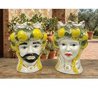 Pair of Moorish Heads Queen and King Ceramic Decorated Sicilian Style Modern Gic Vases (Limon, 16 x 16 x 25 cm)