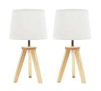 Pair of - Natural Wood Tripod Table Lamp with Linen Tapered Lampshade Living Room Bedside Light