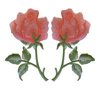Pair of Peach Pink Rose Patches Iron Sew On Embroidered Roses Flower Patch Badge