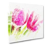 Pair of Pink Tulip Flowers Watercolour Canvas Print | Gallery Wrapped 30mm Frame Wall Art | 20x20 inches | Ready to Hang | Modern Floral Picture | Living Room Bedroom Lounge Office