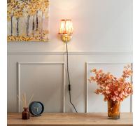 Pair of - Plug in Antique Brass Easy Fit Wall Lights with Orange Pleated Fabric Tapered Lampshade ValueLights Orange One Size