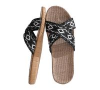 Pair of Retro Colour Blocking Print Beach Outdoor Wear at Home Cotton Linen Large Size Non-Slip Four Seasons Sandals Slippers Wedge Heel Shoes Women Summer Sexy, black, 8 UK