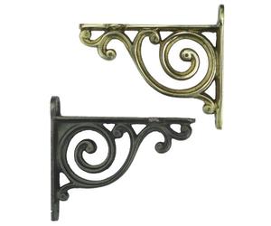 Pair of Small Ornate Bathroom Shelf Brackets with Victorian Scroll Design - Brass or Cast Iron 4" / 10cm (Pair of Brass Brackets)
