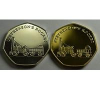 Pair of STEPHENSON'S ROCKET Steam Engine Silver & 24ct Gold Commemorative Coins Albums/50p Collectors, STEAM & STEEL SERIES Iconic Railway Locomotives