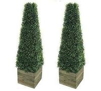 Pair of stunning Artificial Trees 3ft Pyramid Cones includes wooden box stands - Indoor / outdoor artificial trees - Realistic Topiary trees