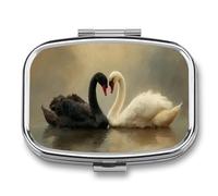 Pair of Swans Black and White on Still Water Pill Box 2 Compartment Portable Medicine Pill Case Travel Pill Organizer for Pocket Purse
