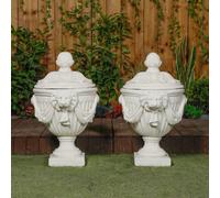 Pair Of Very Large White Stone Cast Lion Head Design Vase Urn
