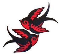 Pair Red Black Iron On Swallow Bird Patches Sew On Embroidered Biker Patch Badge