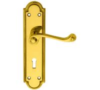 Pair Reeded Scroll Handle On Shaped Lock Backplate 205 X 49mm Polished Brass