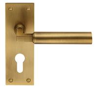 Pair Round Bar Handle On Slim Euro Lock Backplate 150 X 50mm Antique Brass