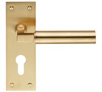 Pair Round Bar Handle On Slim Euro Lock Backplate 150 X 50mm Satin Brass