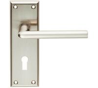 Pair Rounded Lever On Lock Backplate Door Handle 150 X 50mm Satin Nickel