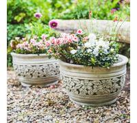 Pair Stone Cast Flower Daisy Design Garden Planter Pot