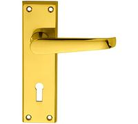 Pair Straight Victorian Handle on Lock Backplate - 150 x 43mm - Polished Brass | Traditional Lever on Backplate Door Handle - Internal Door Hardware - Lock, Euro, Oval and Latch Options Available