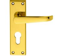 Pair Straight Victorian Lever On Euro Lock Backplate 150 X 43mm Polished Brass