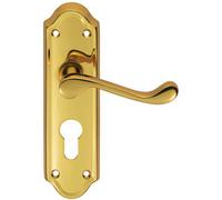 PAIR Victorian Upturned Lever on Euro Lock Backplate 168 x 47mm Polished Brass