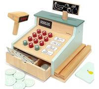 PairPear Wooden Cash Register for Kids Pretend Play Shop Toys, Wooden Till Toys with Scanner Calculator and Credit Card, Educational Learning Gift for Boys Girls 3+