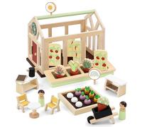 PairPear Wooden Toy Dollhouse Furnitures Flower Garden Toy Greenhouse Playset,Toddlers Wooden Toys Dollhouse Garden Toys,Pretend Play Food Set for Girls Boys 3 Years and Up