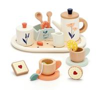 PairPear Wooden Toy Tea Party Set for Kids Pretend Play Kitchen Accessories for Kids Role Play Tea Party Gift for Girls Boys Toddlers