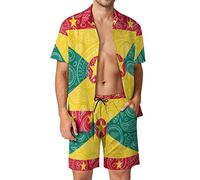 Paisley Grenada Flag Men's Hawaiian Sets Short Sleeve Beach Shirt And Shorts 2 Piece Outfits