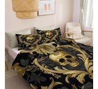 Paisley Heart Plants Golden Skull Duvet Cover Small Single Bedding Set, Black Gold Quilt Cover with Hidden Zip Fastening and 4 Corner Ties, Non Iron Breathable Bedclothes with 1 Pillowcases