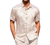 Paisley Jacquard Shirt Mens Floral Rose Printed Short Sleeve Button Silk Satin Shirts Prom Wedding Party Hawaiian Beach Tops Beige