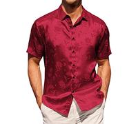 Paisley Jacquard Shirt Mens Floral Rose Printed Short Sleeve Button Silk Satin Shirts Prom Wedding Party Hawaiian Beach Tops Red