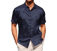 Paisley Jacquard Shirt Mens Floral Rose Printed Short Sleeve Button Silk Satin Shirts Prom Wedding Party Hawaiian Beach Tops Dark Blue