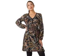 Roman Stretch Jersey Dress for Women UK - Ladies Gathered Waist A Line Swing Skater Fit & Flare A Line Winter Autumn Knee Length V-Neck Casual Smart Cocktail Party Going Out - Black Yellow - Size 12