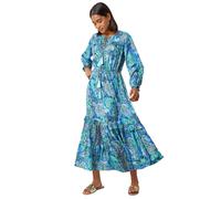 Roman Paisley Print Tassel Frill Hem Maxi Dress for Women UK - Ladies Spring Everyday Summer Holiday V-Neckline Comfy Long Sleeve Soft Fit & Flare Frock Vacation Beach Gowns - Blue - Size 16