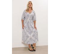 Yours Curve Paisley Print Textured V-Neck Dress - Women's - Plus Size Curve Blue