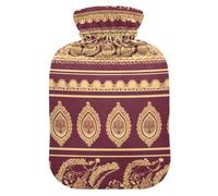 Paisley Style Pattern Dark Red and Gold Cute hot Water Bottle with Soft Cover, 2L Water Bags for Neck Shoulder Warmer, Period Cramps, Bolsa de agua Caliente para el Dolor